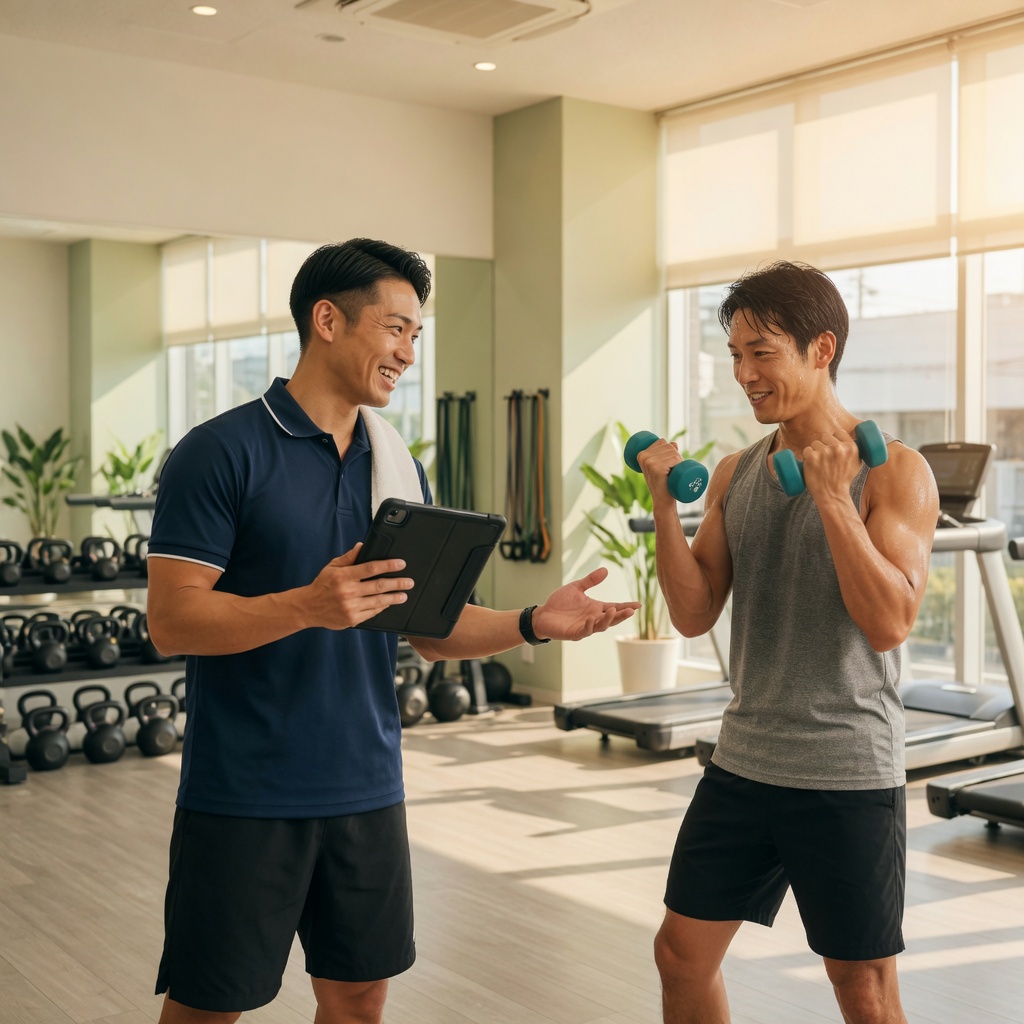 トレーナーがタブレットを手に伴走指導する様子