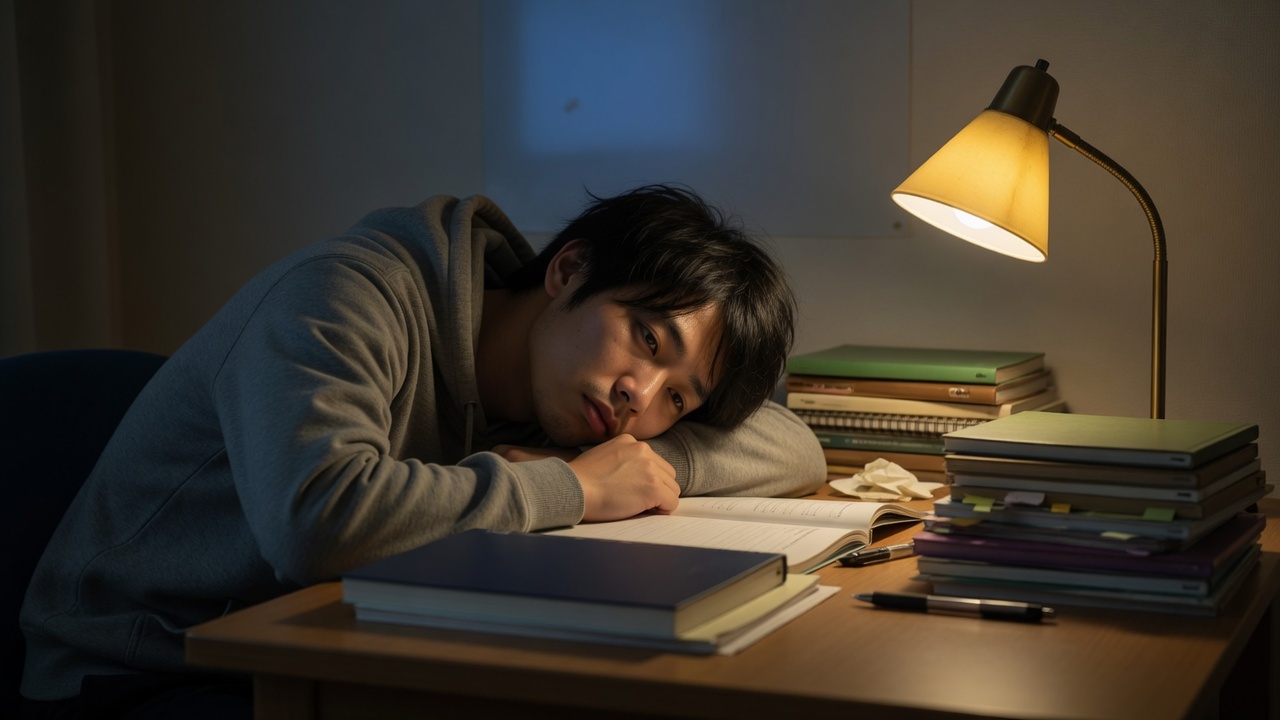 夜の机で分厚い教材を前に疲れて頬杖をつく男性